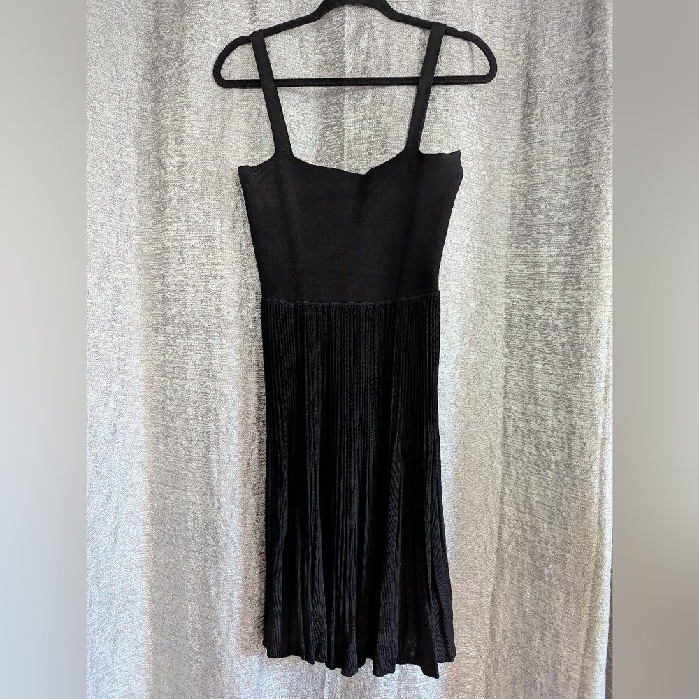 Theory Black Pleated Square Neck Skater Dress
